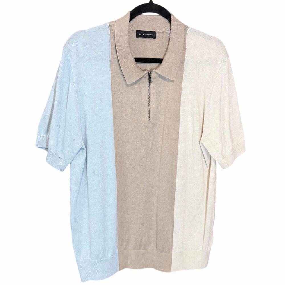 Elie Tahari Colorblock Zip Polo Sweater Knit Short Sleeve Womens Large